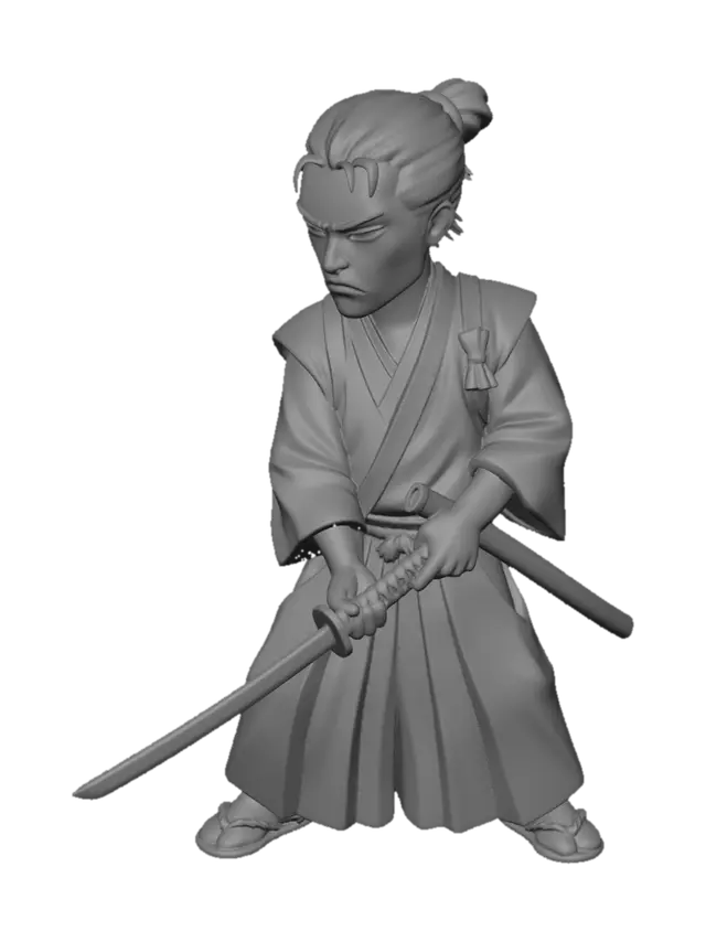 3D model for single character only, solo figure,
stylized medieval Japanese samurai,
five-heads-tall proportions, compact adult male body,

calm combat-ready stance,
katana already drawn and held low,
both hands on the sword,
body slightly angled, grounded posture,
not attacking yet, controlled tension,

serious and focused expression,
narrow eyes, stern brows,
disciplined and restrained emotion,

Kamakura to early Muromachi period samurai,
traditional kimono and hakama,
layered robes with wide sleeves,
simple cloth armor or light shoulder guards,
muted dark colors (black, dark brown, deep indigo),
linen and cotton fabrics,
historically grounded design, no fantasy elements,

black long hair tied back in a low knot,
traditional samurai hairstyle,

waraji sandals,
simple katana and saya,

stylized 3D fig