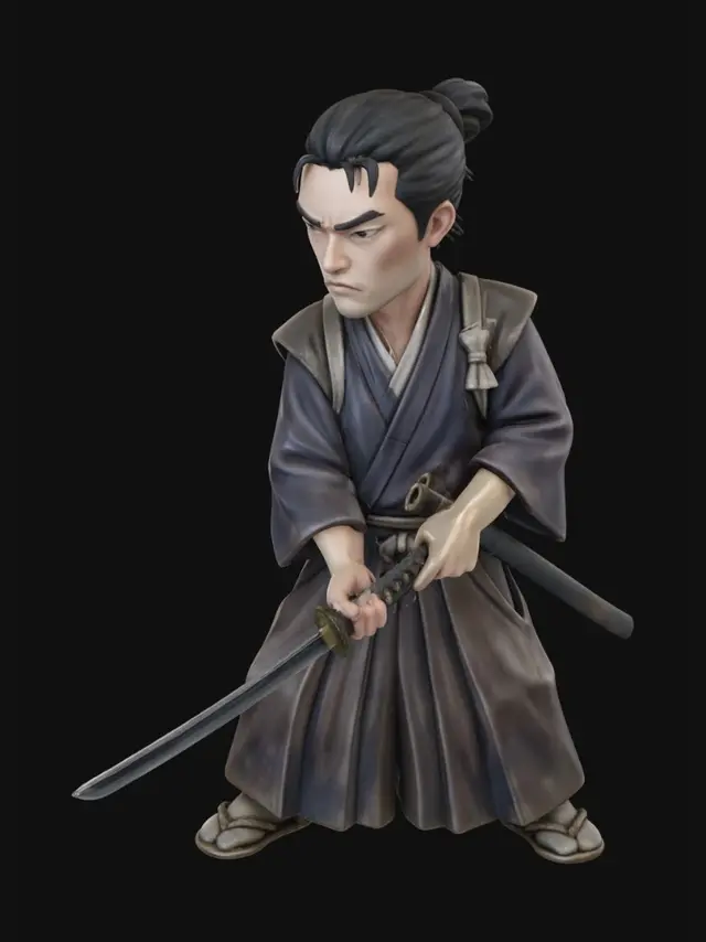 3D model for single character only, solo figure,
stylized medieval Japanese samurai,
five-heads-tall proportions, compact adult male body,

calm combat-ready stance,
katana already drawn and held low,
both hands on the sword,
body slightly angled, grounded posture,
not attacking yet, controlled tension,

serious and focused expression,
narrow eyes, stern brows,
disciplined and restrained emotion,

Kamakura to early Muromachi period samurai,
traditional kimono and hakama,
layered robes with wide sleeves,
simple cloth armor or light shoulder guards,
muted dark colors (black, dark brown, deep indigo),
linen and cotton fabrics,
historically grounded design, no fantasy elements,

black long hair tied back in a low knot,
traditional samurai hairstyle,

waraji sandals,
simple katana and saya,

stylized 3D fig