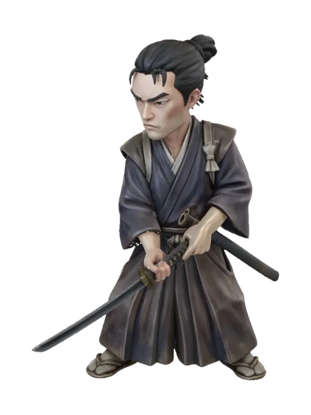 3D model for single character only, solo figure,
stylized medieval Japanese samurai,
five-heads-tall proportions, compact adult male body,

calm combat-ready stance,
katana already drawn and held low,
both hands on the sword,
body slightly angled, grounded posture,
not attacking yet, controlled tension,

serious and focused expression,
narrow eyes, stern brows,
disciplined and restrained emotion,

Kamakura to early Muromachi period samurai,
traditional kimono and hakama,
layered robes with wide sleeves,
simple cloth armor or light shoulder guards,
muted dark colors (black, dark brown, deep indigo),
linen and cotton fabrics,
historically grounded design, no fantasy elements,

black long hair tied back in a low knot,
traditional samurai hairstyle,

waraji sandals,
simple katana and saya,

stylized 3D fig