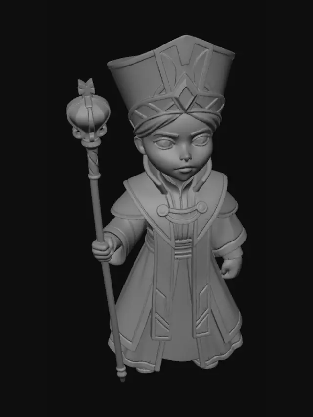 3D model for stylized female pope character, chibi proportion, 5-heads tall body ratio, oversized head and short limbs, young authoritative woman, head tilted slightly upward, eyes looking up, calm and solemn expression, medieval fantasy religious leader, compact body silhouette, short legs, slightly large hands, wearing structured ceremonial long robe in dark blue and ivory with gold trims, simplified layered shapes, thick fabric folds, tall geometric papal headpiece scaled to chibi proportion, holding a very long ceremonial staff taller than the character, staff planted on the ground, strong vertical posture, subtle upward gaze conveying authority and faith, no magic effects, no glow, no halo, no wings, clean studio background, soft studio lighting, stylized game-ready 3D character, collectible figur