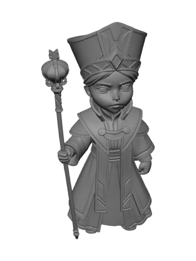 3D model for stylized female pope character, chibi proportion, 5-heads tall body ratio, oversized head and short limbs, young authoritative woman, head tilted slightly upward, eyes looking up, calm and solemn expression, medieval fantasy religious leader, compact body silhouette, short legs, slightly large hands, wearing structured ceremonial long robe in dark blue and ivory with gold trims, simplified layered shapes, thick fabric folds, tall geometric papal headpiece scaled to chibi proportion, holding a very long ceremonial staff taller than the character, staff planted on the ground, strong vertical posture, subtle upward gaze conveying authority and faith, no magic effects, no glow, no halo, no wings, clean studio background, soft studio lighting, stylized game-ready 3D character, collectible figur