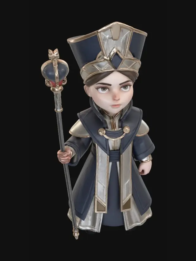 3D model for stylized female pope character, chibi proportion, 5-heads tall body ratio, oversized head and short limbs, young authoritative woman, head tilted slightly upward, eyes looking up, calm and solemn expression, medieval fantasy religious leader, compact body silhouette, short legs, slightly large hands, wearing structured ceremonial long robe in dark blue and ivory with gold trims, simplified layered shapes, thick fabric folds, tall geometric papal headpiece scaled to chibi proportion, holding a very long ceremonial staff taller than the character, staff planted on the ground, strong vertical posture, subtle upward gaze conveying authority and faith, no magic effects, no glow, no halo, no wings, clean studio background, soft studio lighting, stylized game-ready 3D character, collectible figur