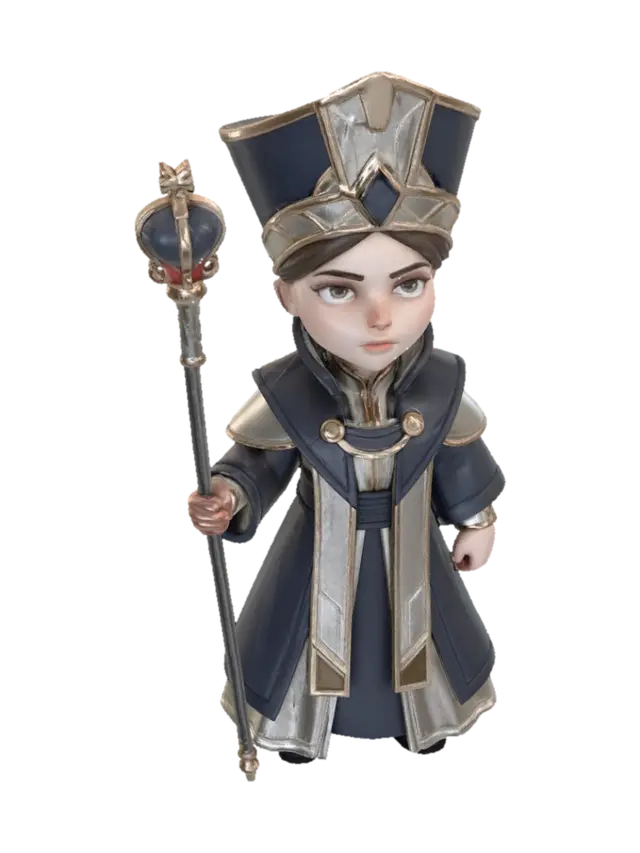3D model for stylized female pope character, chibi proportion, 5-heads tall body ratio, oversized head and short limbs, young authoritative woman, head tilted slightly upward, eyes looking up, calm and solemn expression, medieval fantasy religious leader, compact body silhouette, short legs, slightly large hands, wearing structured ceremonial long robe in dark blue and ivory with gold trims, simplified layered shapes, thick fabric folds, tall geometric papal headpiece scaled to chibi proportion, holding a very long ceremonial staff taller than the character, staff planted on the ground, strong vertical posture, subtle upward gaze conveying authority and faith, no magic effects, no glow, no halo, no wings, clean studio background, soft studio lighting, stylized game-ready 3D character, collectible figur