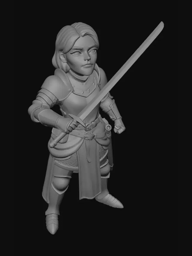 3D model for stylized medieval female knight, chibi proportion about 4.5–5 heads tall, blonde hair, head lifted upward, determined expression, realistic high medieval plate armor with chainmail, leather belts and pouches, blue cloth tabard and waist drape replacing the original red-and-cream fabric, desaturated royal blue with subtle wear and dirt, simple heraldic cross pattern in light gray or off-white, matte fabric texture, no red tones, no gold trim, grounded realistic materials, longsword held diagonally upward, heroic pose, clean silhouette, storybook realism style, game-ready character, neutral studio lighting, clean background