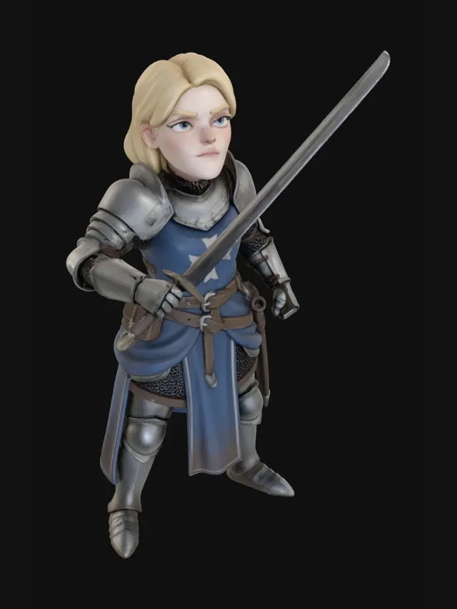 3D model for stylized medieval female knight, chibi proportion about 4.5–5 heads tall, blonde hair, head lifted upward, determined expression, realistic high medieval plate armor with chainmail, leather belts and pouches, blue cloth tabard and waist drape replacing the original red-and-cream fabric, desaturated royal blue with subtle wear and dirt, simple heraldic cross pattern in light gray or off-white, matte fabric texture, no red tones, no gold trim, grounded realistic materials, longsword held diagonally upward, heroic pose, clean silhouette, storybook realism style, game-ready character, neutral studio lighting, clean background