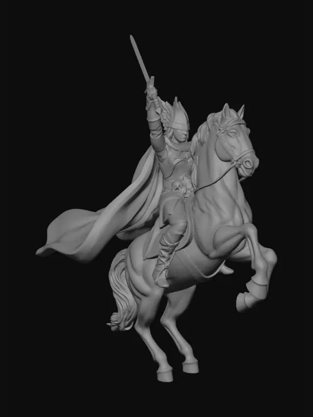 3D model for medieval valkyrie equestrian stone statue, female warrior knight, wearing closed helmet, mounted on rearing horse, sword raised upward, realistic proportions, dynamic pose, flowing cape carved in stone, feminine but armored silhouette, detailed armor sculpt, accurate horse anatomy, grey stone material, subtle chisel marks, weathered stone surface, monument statue, no color, no stylization, neutral background, high detail, sculpt reference
