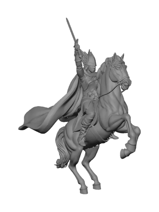 3D model for medieval valkyrie equestrian stone statue, female warrior knight, wearing closed helmet, mounted on rearing horse, sword raised upward, realistic proportions, dynamic pose, flowing cape carved in stone, feminine but armored silhouette, detailed armor sculpt, accurate horse anatomy, grey stone material, subtle chisel marks, weathered stone surface, monument statue, no color, no stylization, neutral background, high detail, sculpt reference