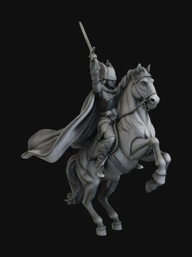 3D model for medieval valkyrie equestrian stone statue, female warrior knight, wearing closed helmet, mounted on rearing horse, sword raised upward, realistic proportions, dynamic pose, flowing cape carved in stone, feminine but armored silhouette, detailed armor sculpt, accurate horse anatomy, grey stone material, subtle chisel marks, weathered stone surface, monument statue, no color, no stylization, neutral background, high detail, sculpt reference