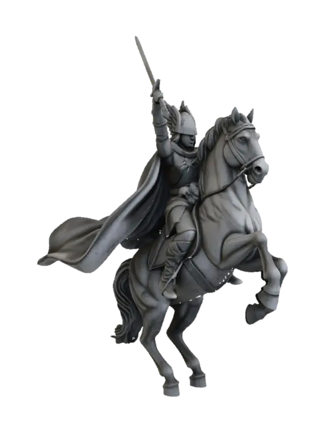 3D model for medieval valkyrie equestrian stone statue, female warrior knight, wearing closed helmet, mounted on rearing horse, sword raised upward, realistic proportions, dynamic pose, flowing cape carved in stone, feminine but armored silhouette, detailed armor sculpt, accurate horse anatomy, grey stone material, subtle chisel marks, weathered stone surface, monument statue, no color, no stylization, neutral background, high detail, sculpt reference