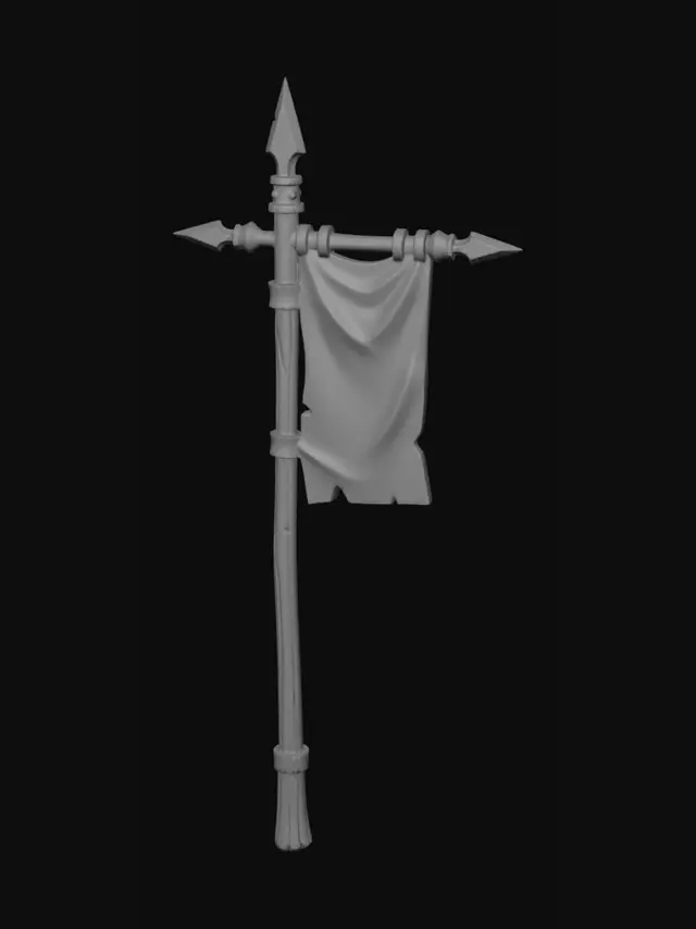 3D model for stylized medieval banner with long pole, elongated vertical wooden pole, small hanging cloth banner, blank fabric, no emblem, no symbol, exaggerated stylized proportions, clean sculpted folds, thick cloth look, decorative spear tips, simple metal fittings, hand-painted style, muted colors, clean silhouette, fantasy game prop, neutral background