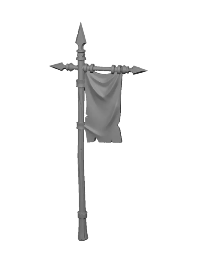 3D model for stylized medieval banner with long pole, elongated vertical wooden pole, small hanging cloth banner, blank fabric, no emblem, no symbol, exaggerated stylized proportions, clean sculpted folds, thick cloth look, decorative spear tips, simple metal fittings, hand-painted style, muted colors, clean silhouette, fantasy game prop, neutral background