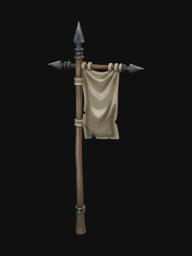 3D model for stylized medieval banner with long pole, elongated vertical wooden pole, small hanging cloth banner, blank fabric, no emblem, no symbol, exaggerated stylized proportions, clean sculpted folds, thick cloth look, decorative spear tips, simple metal fittings, hand-painted style, muted colors, clean silhouette, fantasy game prop, neutral background