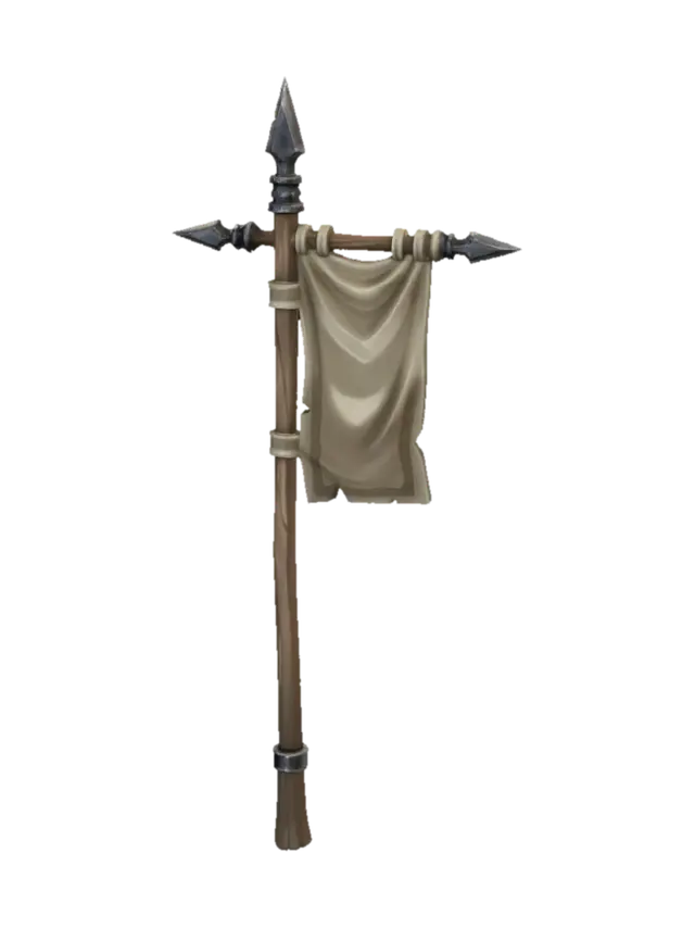 3D model for stylized medieval banner with long pole, elongated vertical wooden pole, small hanging cloth banner, blank fabric, no emblem, no symbol, exaggerated stylized proportions, clean sculpted folds, thick cloth look, decorative spear tips, simple metal fittings, hand-painted style, muted colors, clean silhouette, fantasy game prop, neutral background