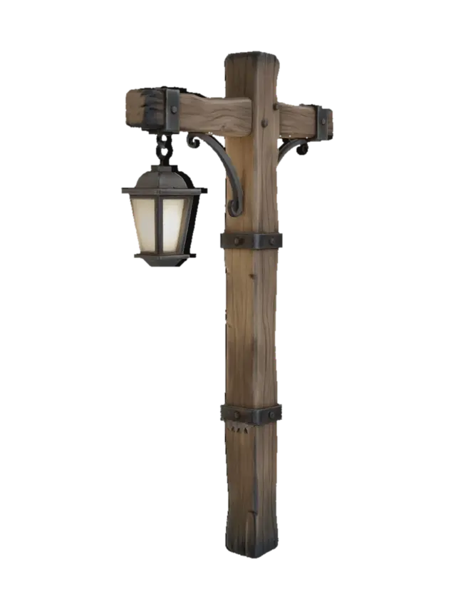 medieval wooden street lamp, wooden post with metal brackets, hanging lantern, warm… - Oak 3D model, vytvořený pomocí AI