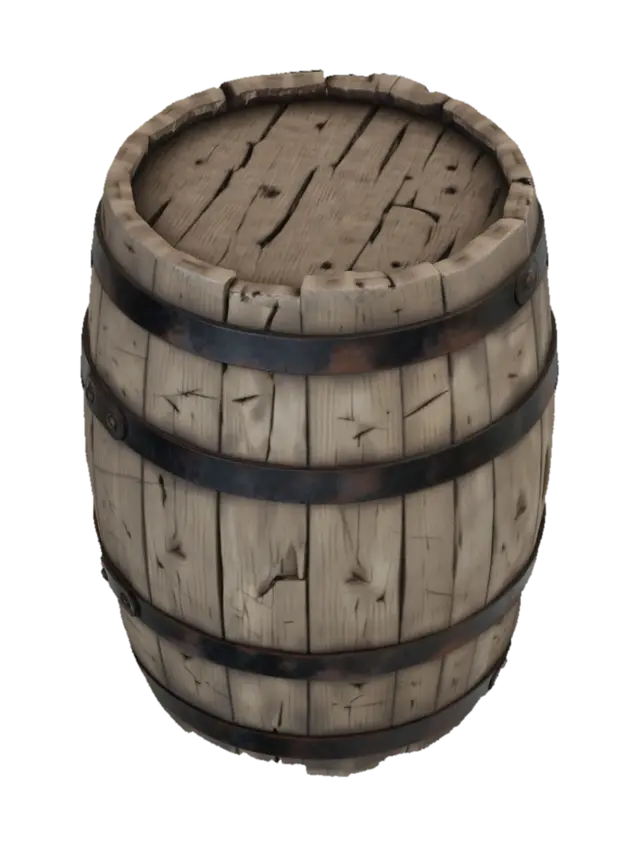 upright medieval wooden barrel, standing vertically, oak wood planks, iron hoops,… 3D model, vytvořený pomocí AI