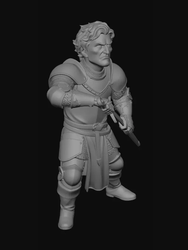 3D model for single character only, solo figure,
stylized medieval male knight,
five-heads-tall proportions, compact adult body,

same stance and pose,
sword already drawn, ready-to-strike position,

head lifted upward,
chin slightly raised,
eyes looking up toward an enemy above,
neck extended subtly,
stern and aggressive expression,
focused upward gaze,

late medieval plate armor,
full steel plate armor,
white surcoat with red cross,
chainmail underlayer,
worn and battle-scarred metal,

short white hair,
same hairstyle,

stylized 3D figurine style,
restrained realism,
ensemble consistency,
soft neutral lighting,
no base, no background