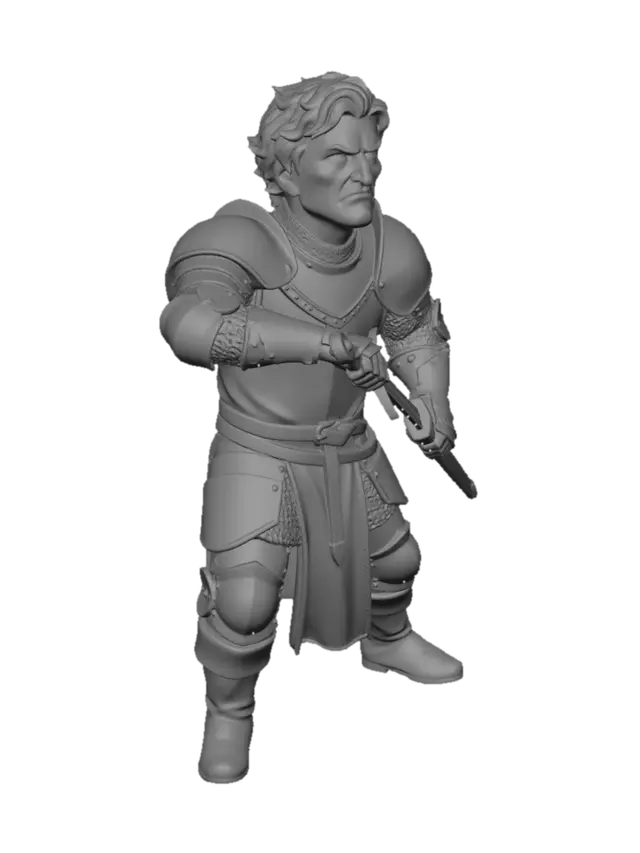 3D model for single character only, solo figure,
stylized medieval male knight,
five-heads-tall proportions, compact adult body,

same stance and pose,
sword already drawn, ready-to-strike position,

head lifted upward,
chin slightly raised,
eyes looking up toward an enemy above,
neck extended subtly,
stern and aggressive expression,
focused upward gaze,

late medieval plate armor,
full steel plate armor,
white surcoat with red cross,
chainmail underlayer,
worn and battle-scarred metal,

short white hair,
same hairstyle,

stylized 3D figurine style,
restrained realism,
ensemble consistency,
soft neutral lighting,
no base, no background