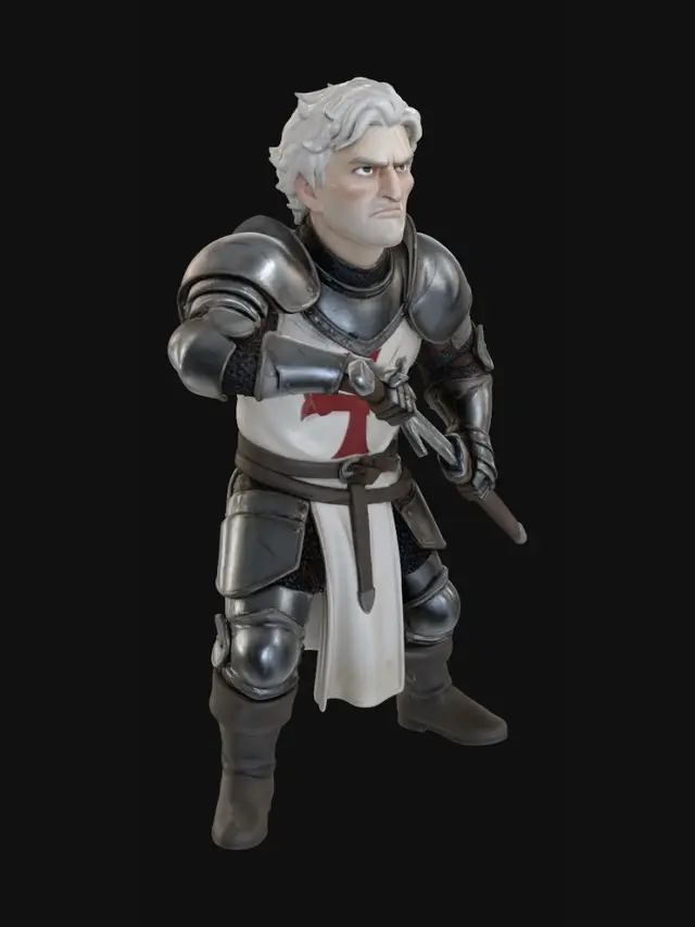 3D model for single character only, solo figure,
stylized medieval male knight,
five-heads-tall proportions, compact adult body,

same stance and pose,
sword already drawn, ready-to-strike position,

head lifted upward,
chin slightly raised,
eyes looking up toward an enemy above,
neck extended subtly,
stern and aggressive expression,
focused upward gaze,

late medieval plate armor,
full steel plate armor,
white surcoat with red cross,
chainmail underlayer,
worn and battle-scarred metal,

short white hair,
same hairstyle,

stylized 3D figurine style,
restrained realism,
ensemble consistency,
soft neutral lighting,
no base, no background