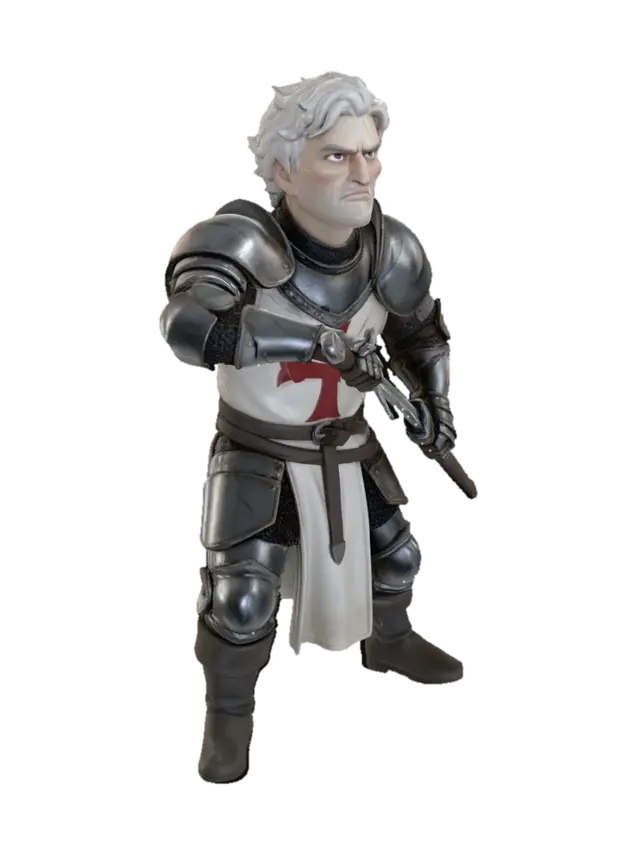 3D model for single character only, solo figure,
stylized medieval male knight,
five-heads-tall proportions, compact adult body,

same stance and pose,
sword already drawn, ready-to-strike position,

head lifted upward,
chin slightly raised,
eyes looking up toward an enemy above,
neck extended subtly,
stern and aggressive expression,
focused upward gaze,

late medieval plate armor,
full steel plate armor,
white surcoat with red cross,
chainmail underlayer,
worn and battle-scarred metal,

short white hair,
same hairstyle,

stylized 3D figurine style,
restrained realism,
ensemble consistency,
soft neutral lighting,
no base, no background