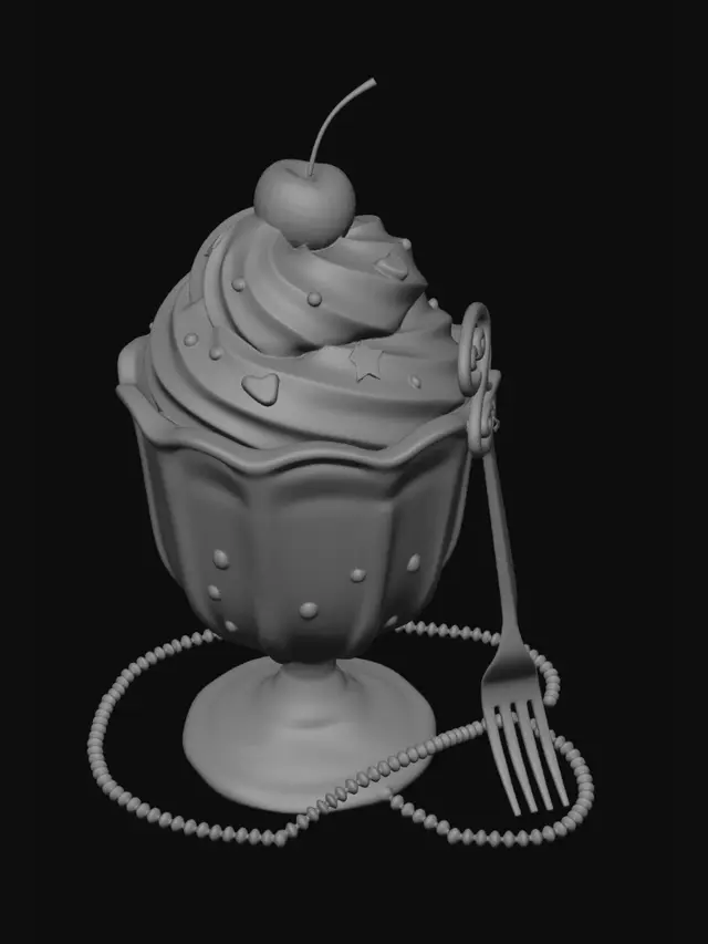 3D model for A whimsical 3D model of a dessert presented in a delicate, faceted blue glass goblet. The lower section features a translucent, light blue, gel-like substance, possibly containing small bubbles or spheres. Topping this is a generous swirl of pristine white whipped cream, adorned with a glossy red maraschino cherry and an assortment of colorful sprinkles including blue dots, pink hearts, and purple stars. A decorative clear fork and a string of tiny pearl-like beads add playful accents, all bathed in bright, soft lighting.