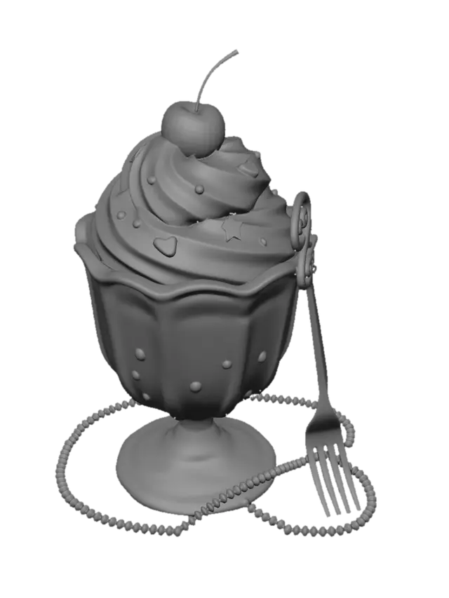 3D model for A whimsical 3D model of a dessert presented in a delicate, faceted blue glass goblet. The lower section features a translucent, light blue, gel-like substance, possibly containing small bubbles or spheres. Topping this is a generous swirl of pristine white whipped cream, adorned with a glossy red maraschino cherry and an assortment of colorful sprinkles including blue dots, pink hearts, and purple stars. A decorative clear fork and a string of tiny pearl-like beads add playful accents, all bathed in bright, soft lighting.
