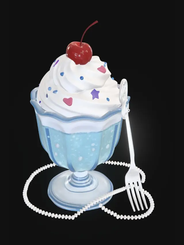 3D model for A whimsical 3D model of a dessert presented in a delicate, faceted blue glass goblet. The lower section features a translucent, light blue, gel-like substance, possibly containing small bubbles or spheres. Topping this is a generous swirl of pristine white whipped cream, adorned with a glossy red maraschino cherry and an assortment of colorful sprinkles including blue dots, pink hearts, and purple stars. A decorative clear fork and a string of tiny pearl-like beads add playful accents, all bathed in bright, soft lighting.