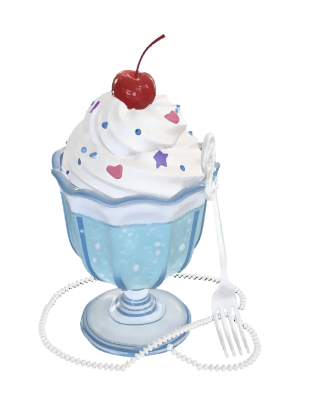 3D model for A whimsical 3D model of a dessert presented in a delicate, faceted blue glass goblet. The lower section features a translucent, light blue, gel-like substance, possibly containing small bubbles or spheres. Topping this is a generous swirl of pristine white whipped cream, adorned with a glossy red maraschino cherry and an assortment of colorful sprinkles including blue dots, pink hearts, and purple stars. A decorative clear fork and a string of tiny pearl-like beads add playful accents, all bathed in bright, soft lighting.