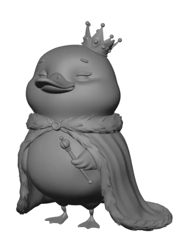 3D model for cute yellow duck, king duck, royal crown, royal cape, golden scepter, chubby body, smug expression, blush, kawaii, storybook illustration, hand-painted, soft watercolor, clean white background, highly detailed