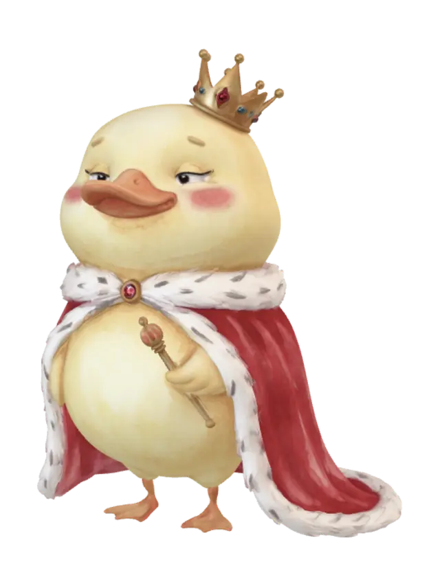 3D model for cute yellow duck, king duck, royal crown, royal cape, golden scepter, chubby body, smug expression, blush, kawaii, storybook illustration, hand-painted, soft watercolor, clean white background, highly detailed