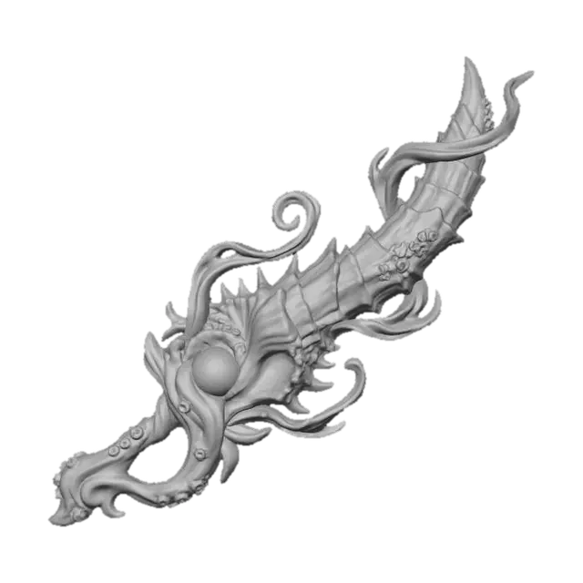 3D model for stylized deep-sea organic sword, coral-like spiky shell blade, glowing pearl core, aqua magic energy rising from the blade, underwater creature textures, wet glossy surface, bio-organic curved silhouette
