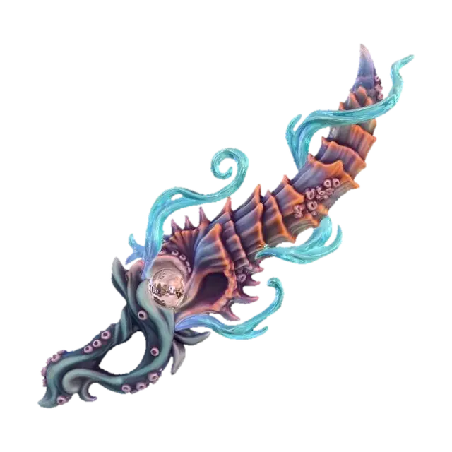 3D model for stylized deep-sea organic sword, coral-like spiky shell blade, glowing pearl core, aqua magic energy rising from the blade, underwater creature textures, wet glossy surface, bio-organic curved silhouette