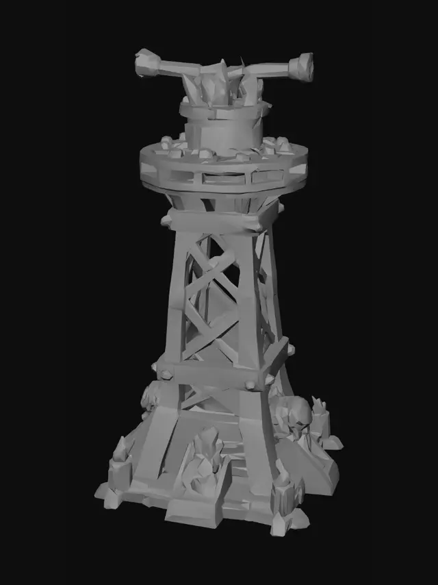 3D model for in a tower defense game, design a gun tower (merged from fire tower and iron tower) with a platform at the bottom and gun like machinery as the structure