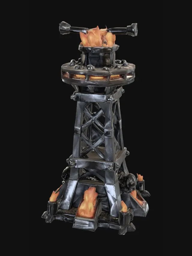 3D model for in a tower defense game, design a gun tower (merged from fire tower and iron tower) with a platform at the bottom and gun like machinery as the structure