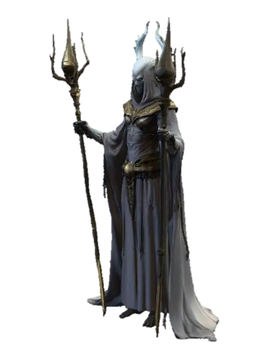 faceless humanoid monster with ethereal dual scepters. Godlike and dark textures ,… - Villian 3D model, vytvořený pomocí AI