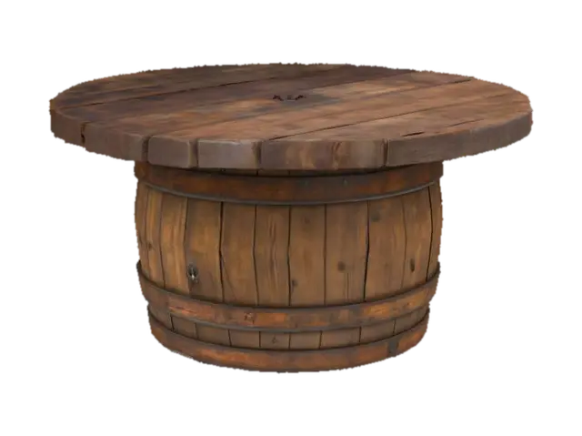 An old wooden barrel with visible wear, cracks, and rusted metal hoops. On top of… - Tavern 3D model, vytvořený pomocí AI