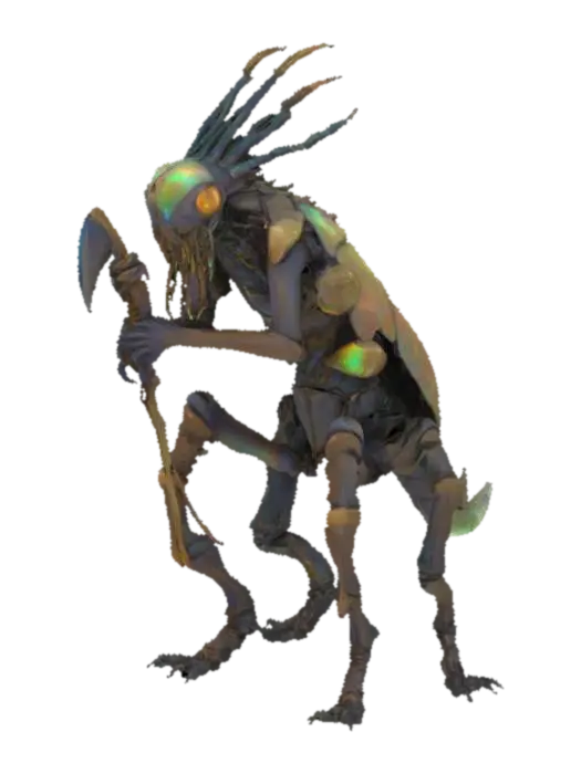 An insectoid villian, chitinous creature with four muscular, digitigrade legs and… - Predatory 3D model, vytvořený pomocí AI