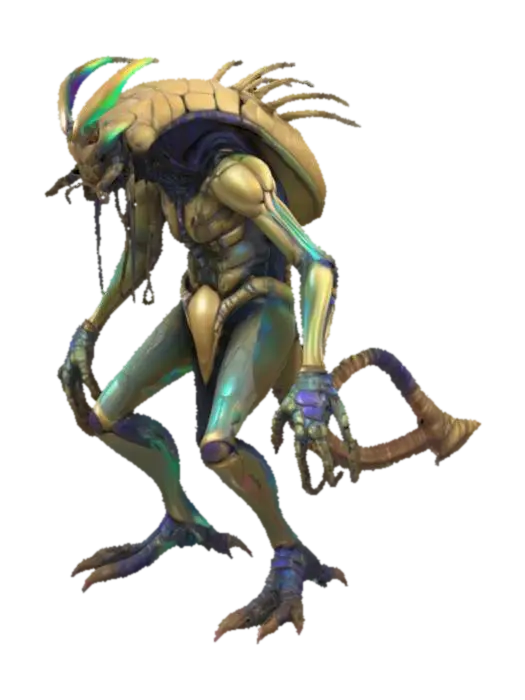 An insectoid villian, chitinous creature with four muscular, digitigrade legs and… - Predatory 3D model, vytvořený pomocí AI