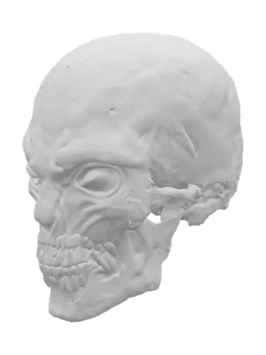 3D model for a skull with no eye sockets or no eye holes, forehead meets nose and mouth, alien, blue, bioluminescent sponge