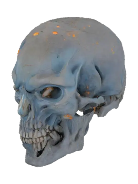 3D model for a skull with no eye sockets or no eye holes, forehead meets nose and mouth, alien, blue, bioluminescent sponge
