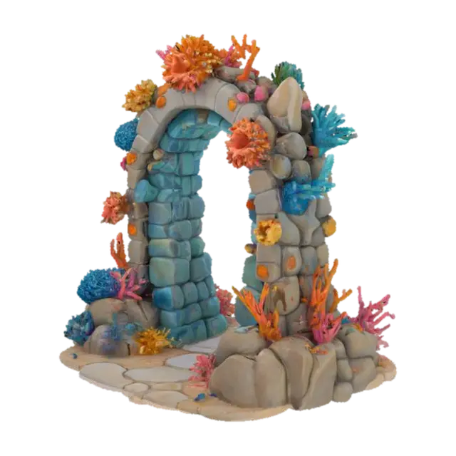 3D model for steampunk colourful coral reef gateway made from game asset style fantasy stones, #arch#, stylized stone