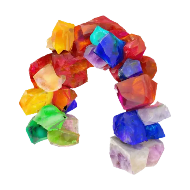 3D model for A formidable archway built from massive, raw chunks of various glowing gemstones, each stone representing a color of the rainbow. Jagged rubies, fiery citrines, vibrant emeralds, deep sapphires, and royal amethysts are expertly fused together. The surfaces are rough and crystalline, feeling cool and hard, intensely sparkling with internal light. This elaborate, chaotic yet majestic structure forms a powerful, raw, and visually overwhelming gateway of natural brilliance., #arch#