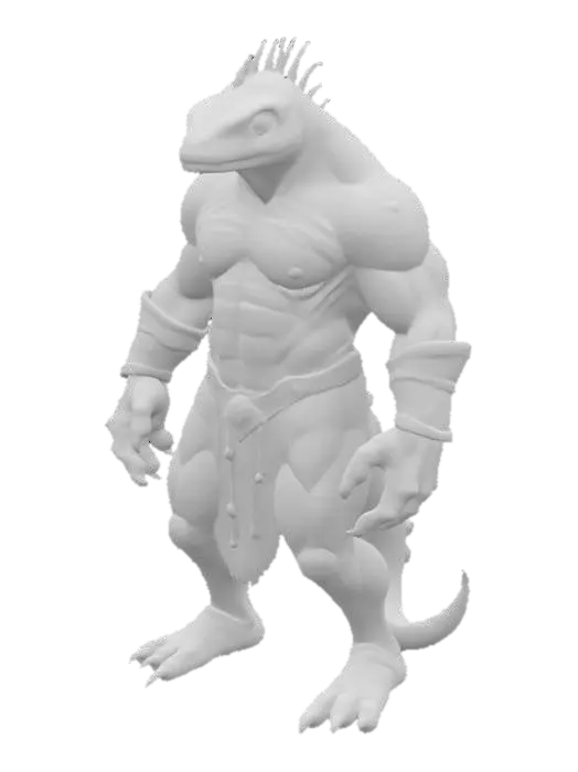 3D model for A highly detailed fantasy lizardman model with a massive, muscular body and rough, pale green skin covered in dark green scales and black spots. It has a fierce face with glowing yellow eyes, sharp tail, and cool back scales. The creature wears weathered silver wristbands and a dark brown fur loincloth with a metal belt. Its large hands and feet have sharp, dark claws, giving it a powerful and battle-ready appearance