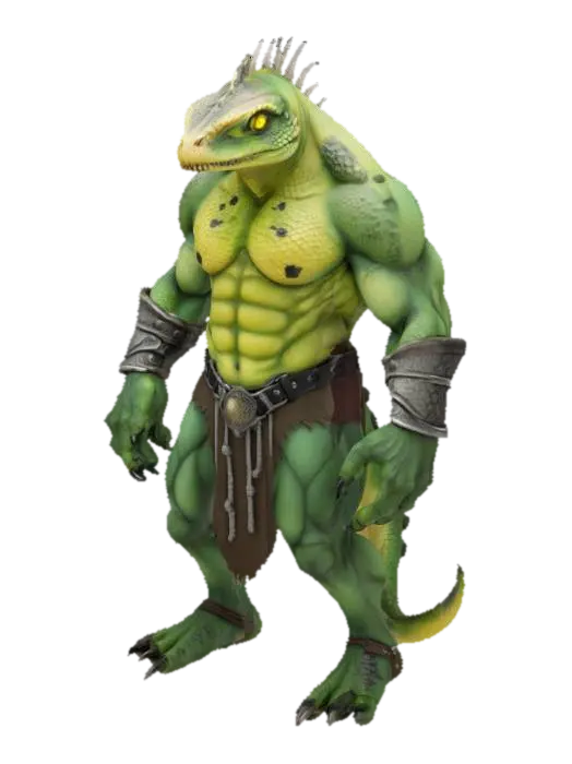 3D model for A highly detailed fantasy lizardman model with a massive, muscular body and rough, pale green skin covered in dark green scales and black spots. It has a fierce face with glowing yellow eyes, sharp tail, and cool back scales. The creature wears weathered silver wristbands and a dark brown fur loincloth with a metal belt. Its large hands and feet have sharp, dark claws, giving it a powerful and battle-ready appearance