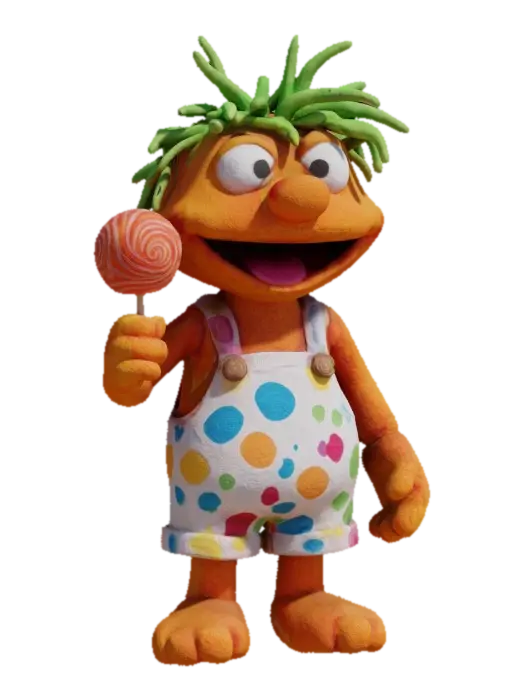 Modello 3D eine orange Muppet Puppe steht auf einem Holzboden und hält Einern Lutscher in der Hand, generato dall’IA