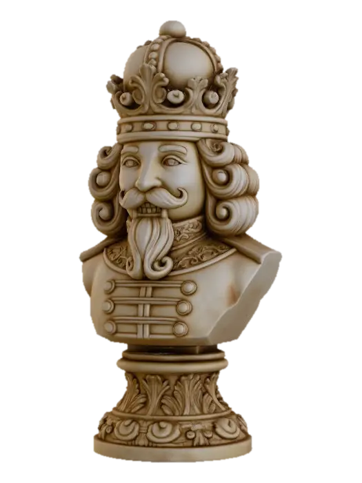 3D model for Eine kunstvolle Nussknacker-Statue in Form einer Königsbüste, gefertigt aus einem hellbeigefarbenen, matt strukturierten Material, das an patinierten Gips oder geschnitztes Holz erinnert. Die Figur trägt eine aufwendig verzierte Krone und zeigt ein stilisiertes Gesicht mit einem geschwungenen Schnurrbart und Bart, flankiert von vollem, gelocktem Haar. Der Körper darunter ist als Uniform mit Knöpfen und einem verzierten Kragen gestaltet und ruht auf einem reich dekorierten Sockel. Weiches Licht betont die feinen Schnitzdetails und die gleichmäßige Oberfläche.