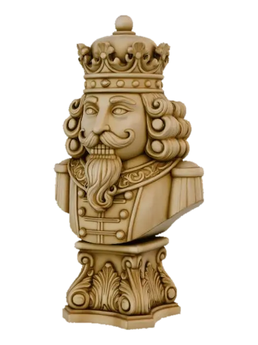 3D model for Eine kunstvolle Nussknacker-Statue in Form einer Königsbüste, gefertigt aus einem hellbeigefarbenen, matt strukturierten Material, das an patinierten Gips oder geschnitztes Holz erinnert. Die Figur trägt eine aufwendig verzierte Krone und zeigt ein stilisiertes Gesicht mit einem geschwungenen Schnurrbart und Bart, flankiert von vollem, gelocktem Haar. Der Körper darunter ist als Uniform mit Knöpfen und einem verzierten Kragen gestaltet und ruht auf einem reich dekorierten Sockel. Weiches Licht betont die feinen Schnitzdetails und die gleichmäßige Oberfläche.