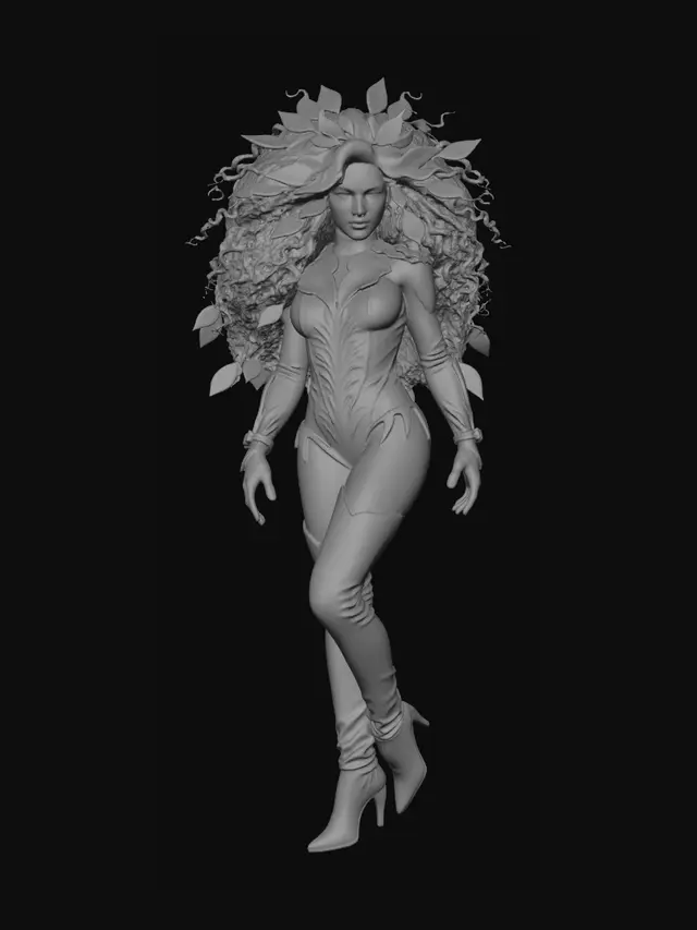 3D model for A fierce female character with pale skin, striking red, voluminous curly hair styled into heart-like shapes, and intense dark eye makeup. She wears a form-fitting, glossy red costume adorned with dark green/black pointed leaf-like elements around the neckline and bust. Her expression is strong and alluring. The scene is illuminated by dramatic, vibrant blue and pink lighting, creating a high-contrast, stylized appearance against a blurred, dark background with glowing bokeh.