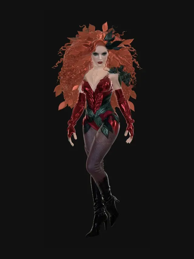 3D model for A fierce female character with pale skin, striking red, voluminous curly hair styled into heart-like shapes, and intense dark eye makeup. She wears a form-fitting, glossy red costume adorned with dark green/black pointed leaf-like elements around the neckline and bust. Her expression is strong and alluring. The scene is illuminated by dramatic, vibrant blue and pink lighting, creating a high-contrast, stylized appearance against a blurred, dark background with glowing bokeh.