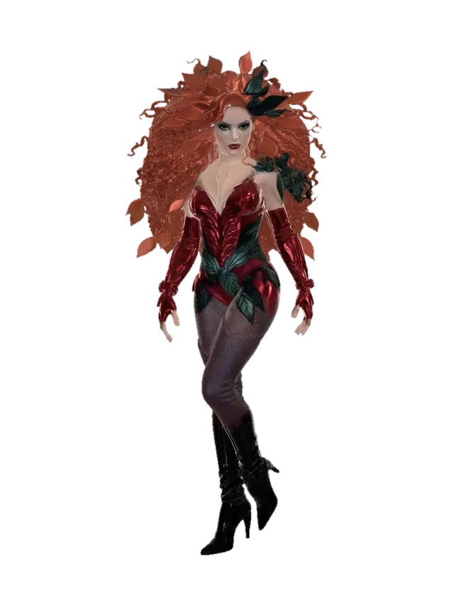 A fierce female character with pale skin, striking red, voluminous curly hair… - Dramaticlighting-3D-modell, genererad av AI