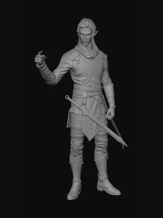 3D model for A captivating male elf swordsman or ranger with smooth skin, sharp features, long dark hair tied back, and striking green eyes, holding a finger to his lips in a secretive gesture. He is clad in a rich brown leather jerkin and gauntlets with intricate stitching, over a dark green tunic, and carries an elegant rapier. His pointed ears have a reddish tint. The character is set amidst a lush, soft-focus pine forest bathed in gentle, dappled natural light.